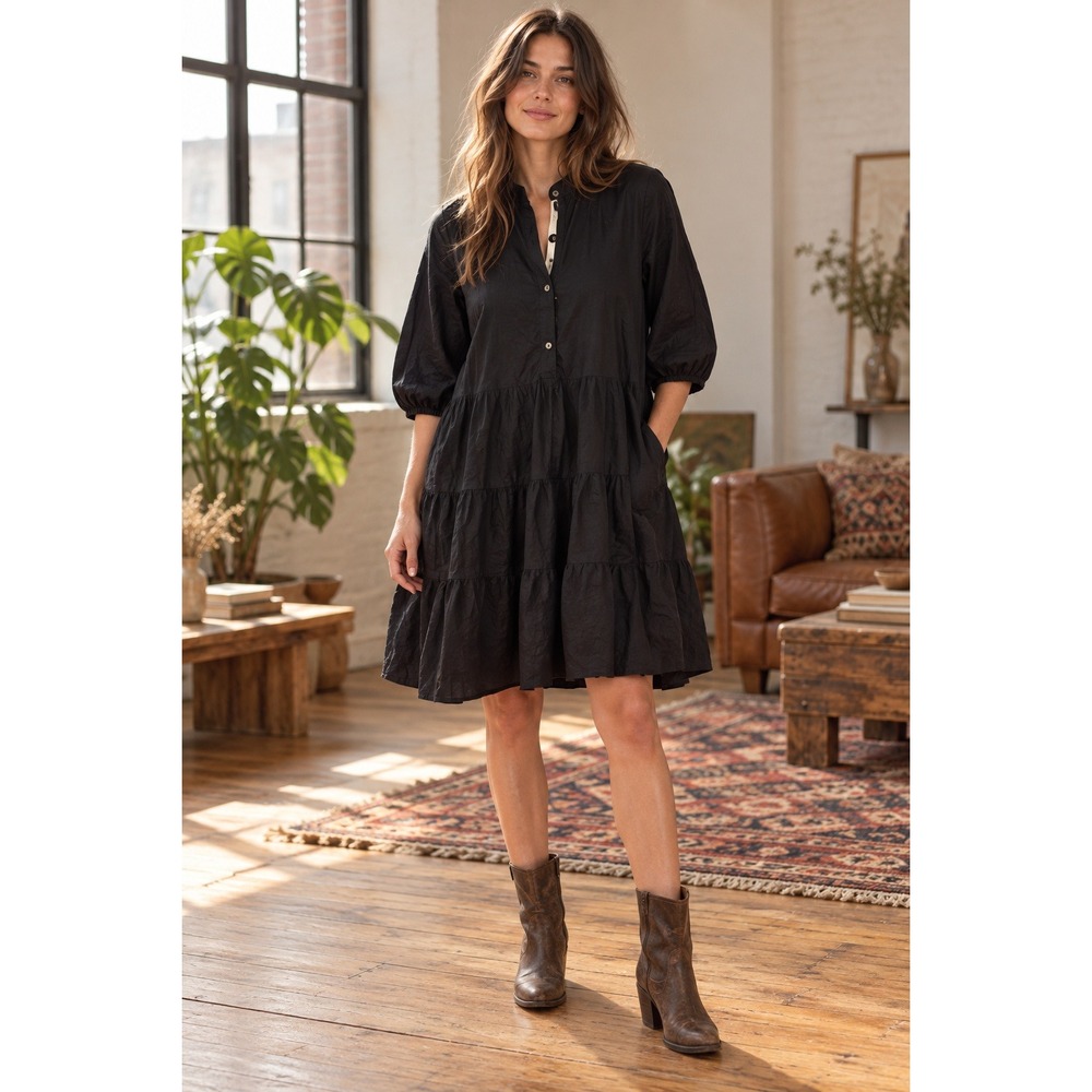 Free People Tiered Mini Dress Womens Small Black Boho Cottagecore